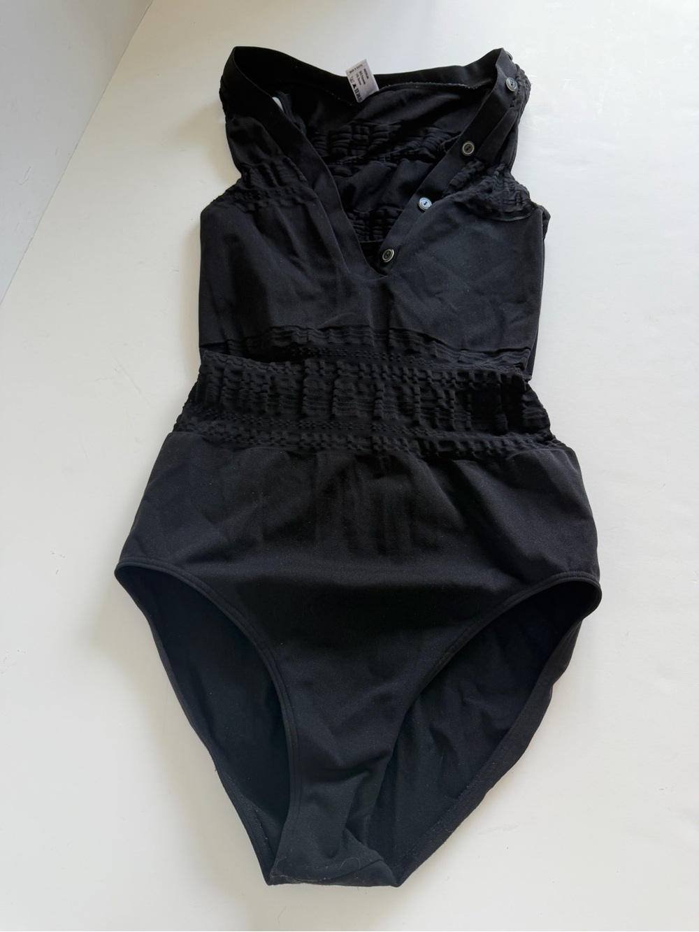 Wolford Black Button-Detail Smocked One-Piece Swimsuit / Bodysuit M
